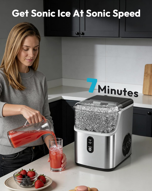 Countertop Nugget Ice Maker Machine, Ready in 7 Mins, 35lbs/24H Pebble Ice Maker with Self-Cleaning, Stainless Steel, Ice Basket & Scoop for Home Kitchen Office