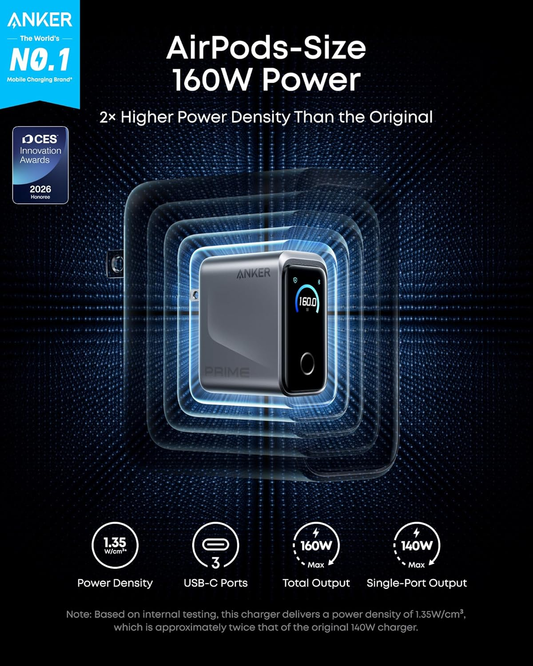 160W 3-Port GaN USB-C Charger, Compact Fast Charger with Smart Display & Touch Control, Up to 140W Single Device Charging, for Laptop & USB-C Devices (Cable Not Included, Non-Battery)