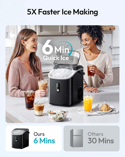 Countertop Nugget Ice Maker with Handle, Ready in 6 Mins, 34lbs/Day Pebble Ice Machine, Self-Cleaning, Portable Chewable Ice Maker for Home RV Party Camping