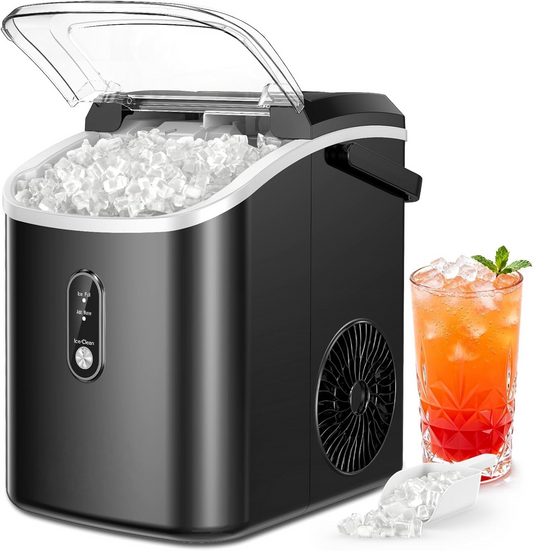 Countertop Nugget Ice Maker with Handle, Ready in 6 Mins, 34lbs/Day Pebble Ice Machine, Self-Cleaning, Portable Chewable Ice Maker for Home RV Party Camping