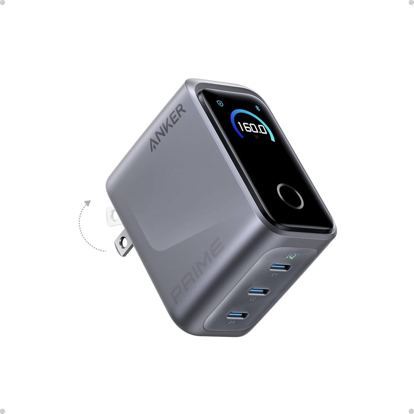 160W 3-Port GaN USB-C Charger, Compact Fast Charger with Smart Display & Touch Control, Up to 140W Single Device Charging, for Laptop & USB-C Devices (Cable Not Included, Non-Battery)