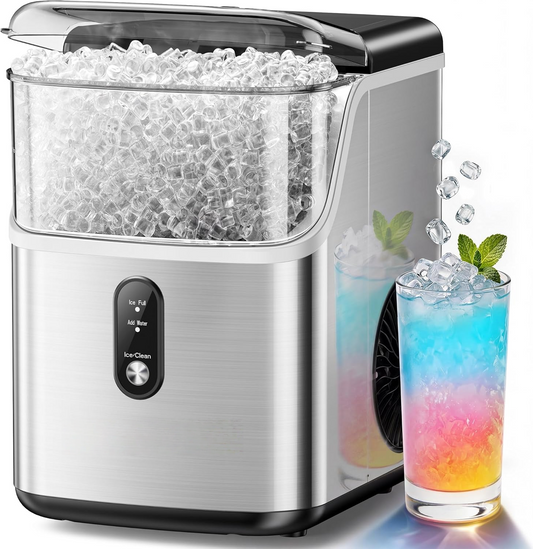 Countertop Nugget Ice Maker Machine, Ready in 7 Mins, 35lbs/24H Pebble Ice Maker with Self-Cleaning, Stainless Steel, Ice Basket & Scoop for Home Kitchen Office