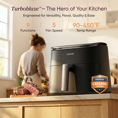 6 Qt Turbo Air Fryer, 9-in-1 Electric Air Fryer with PFAS-Free Ceramic Coating, Precise Heating, Air Fry, Roast, Bake, Broil, Dry, Reheat & Keep Warm