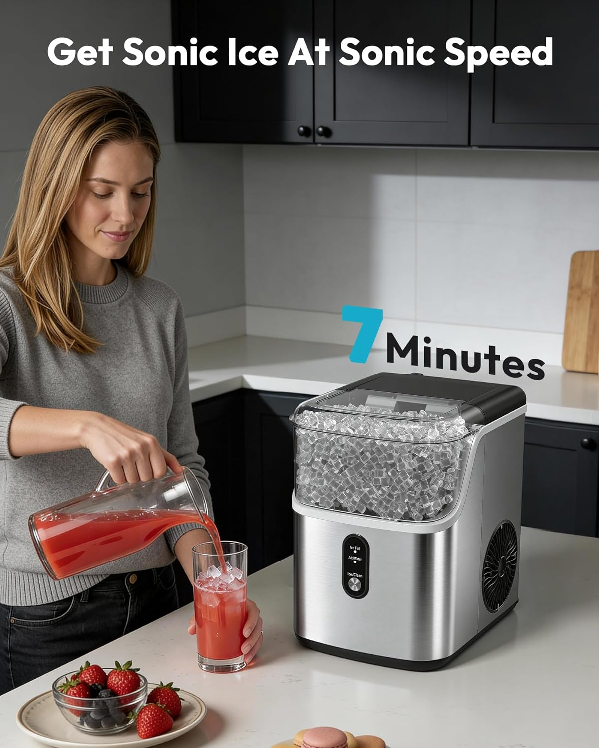 Countertop Nugget Ice Maker Machine, Ready in 7 Mins, 35lbs/24H Pebble Ice Maker with Self-Cleaning, Stainless Steel, Ice Basket & Scoop for Home Kitchen Office