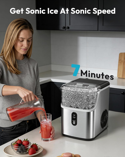 Countertop Nugget Ice Maker Machine, Ready in 7 Mins, 35lbs/24H Pebble Ice Maker with Self-Cleaning, Stainless Steel, Ice Basket & Scoop for Home Kitchen Office