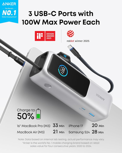 25,000mAh Laptop Power Bank, 165W Portable Charger with 3 USB-C Ports (100W Max Each), Built-in Retractable Cables, Flight-Approved Fast Charging for Laptop, Phone & USB-C Devices