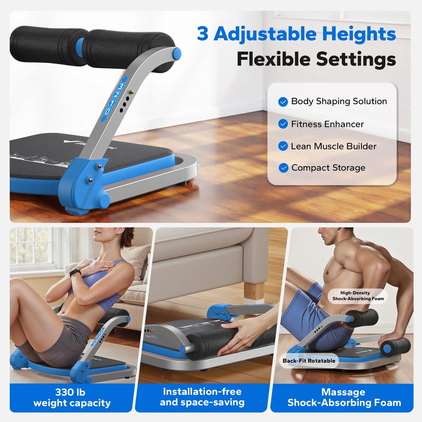 3-Gear Roll-Up Ab Crunch Equipment, Space Saving Home Abdominal Workout Trainer