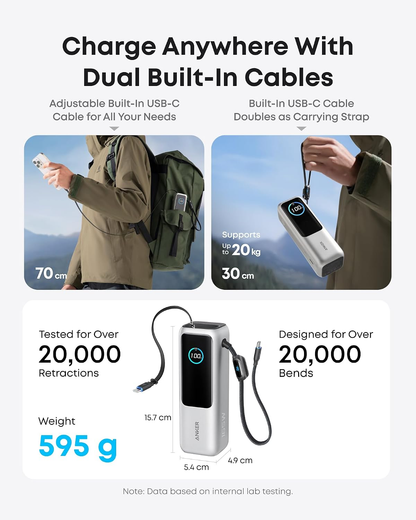 25,000mAh Laptop Power Bank, 165W Portable Charger with 3 USB-C Ports (100W Max Each), Built-in Retractable Cables, Flight-Approved Fast Charging for Laptop, Phone & USB-C Devices