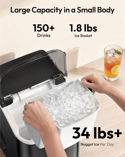 Countertop Nugget Ice Maker with Handle, Ready in 6 Mins, 34lbs/Day Pebble Ice Machine, Self-Cleaning, Portable Chewable Ice Maker for Home RV Party Camping