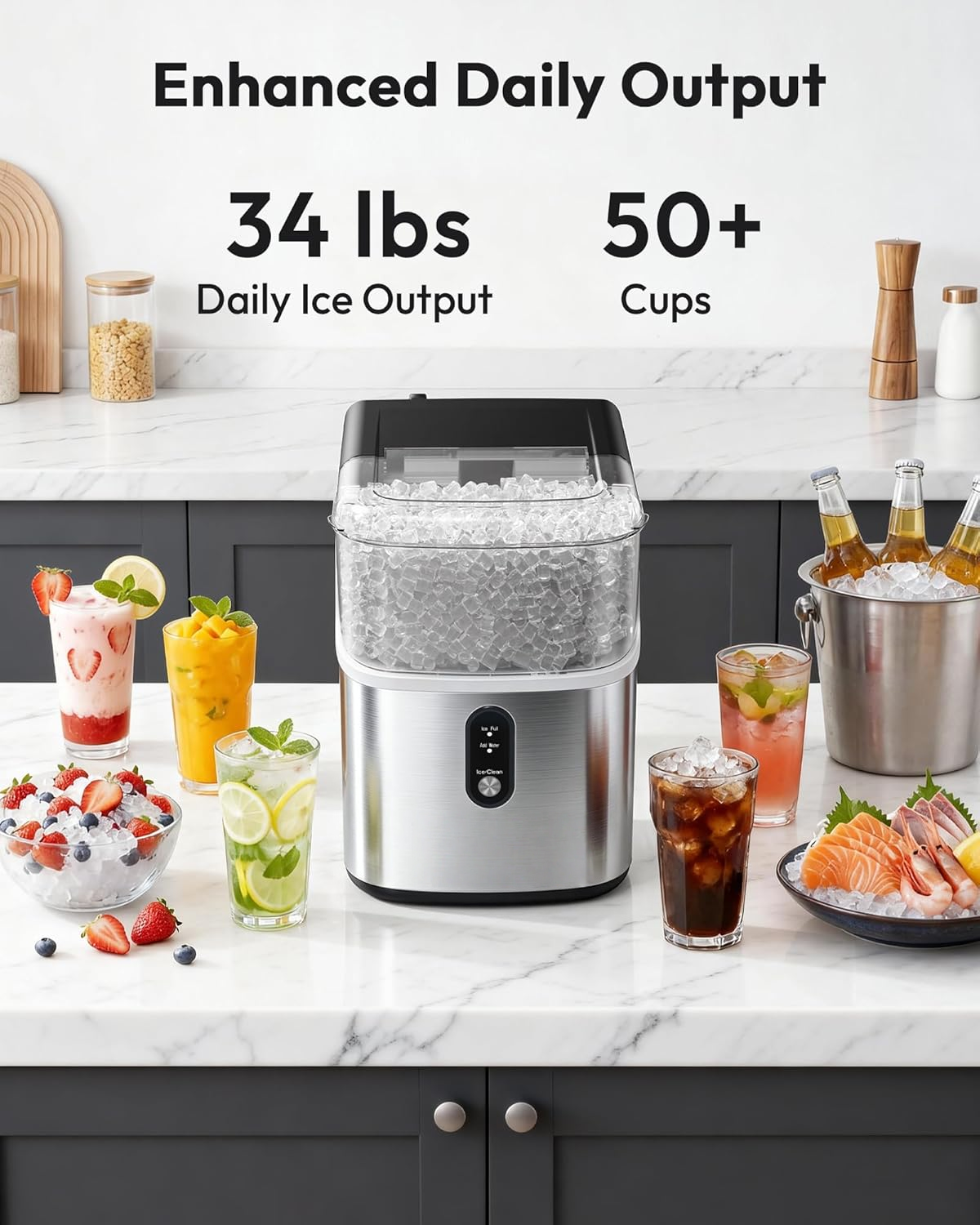 Countertop Nugget Ice Maker Machine, Ready in 7 Mins, 35lbs/24H Pebble Ice Maker with Self-Cleaning, Stainless Steel, Ice Basket & Scoop for Home Kitchen Office