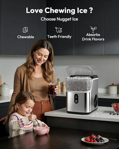 Countertop Nugget Ice Maker Machine, Ready in 7 Mins, 35lbs/24H Pebble Ice Maker with Self-Cleaning, Stainless Steel, Ice Basket & Scoop for Home Kitchen Office