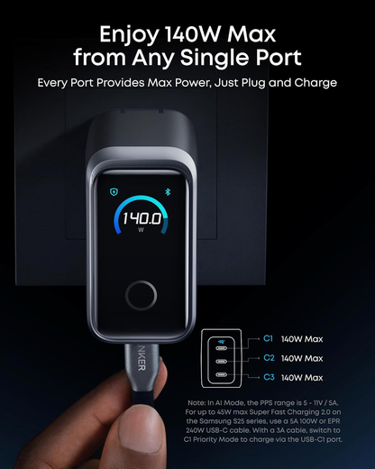 160W 3-Port GaN USB-C Charger, Compact Fast Charger with Smart Display & Touch Control, Up to 140W Single Device Charging, for Laptop & USB-C Devices (Cable Not Included, Non-Battery)