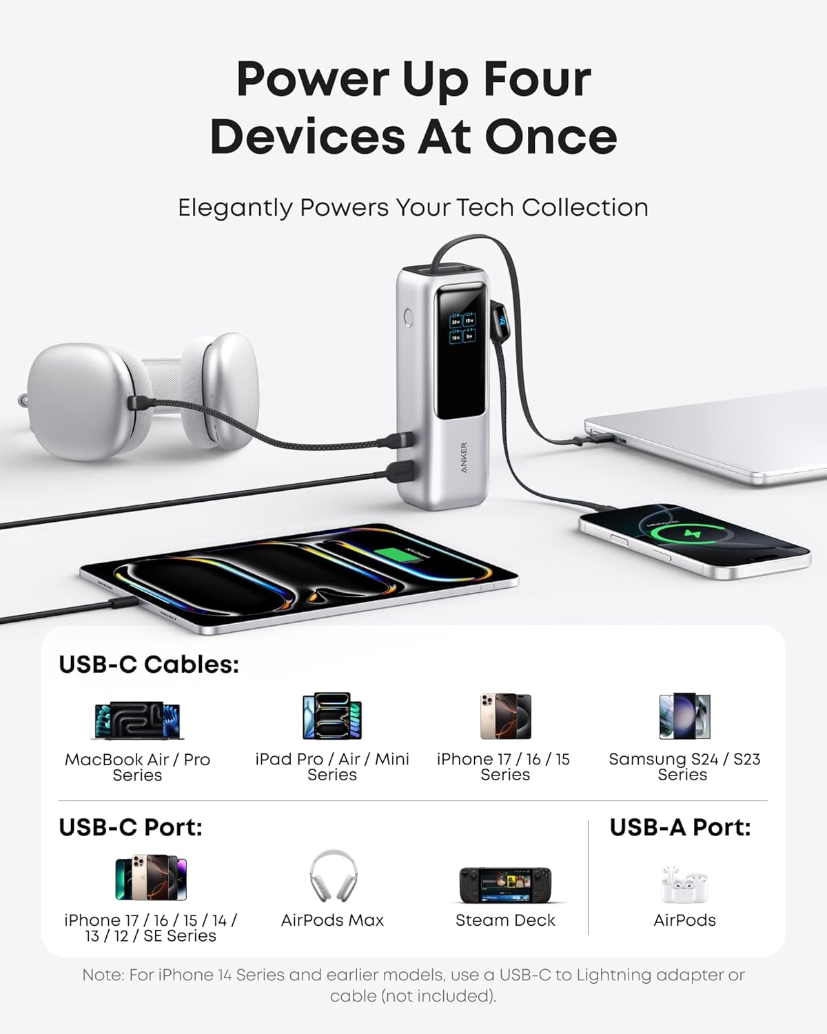 25,000mAh Laptop Power Bank, 165W Portable Charger with 3 USB-C Ports (100W Max Each), Built-in Retractable Cables, Flight-Approved Fast Charging for Laptop, Phone & USB-C Devices