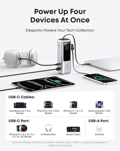 25,000mAh Laptop Power Bank, 165W Portable Charger with 3 USB-C Ports (100W Max Each), Built-in Retractable Cables, Flight-Approved Fast Charging for Laptop, Phone & USB-C Devices