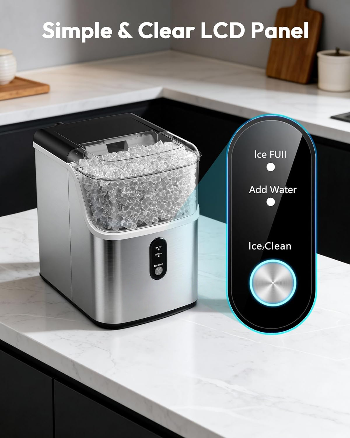 Countertop Nugget Ice Maker Machine, Ready in 7 Mins, 35lbs/24H Pebble Ice Maker with Self-Cleaning, Stainless Steel, Ice Basket & Scoop for Home Kitchen Office