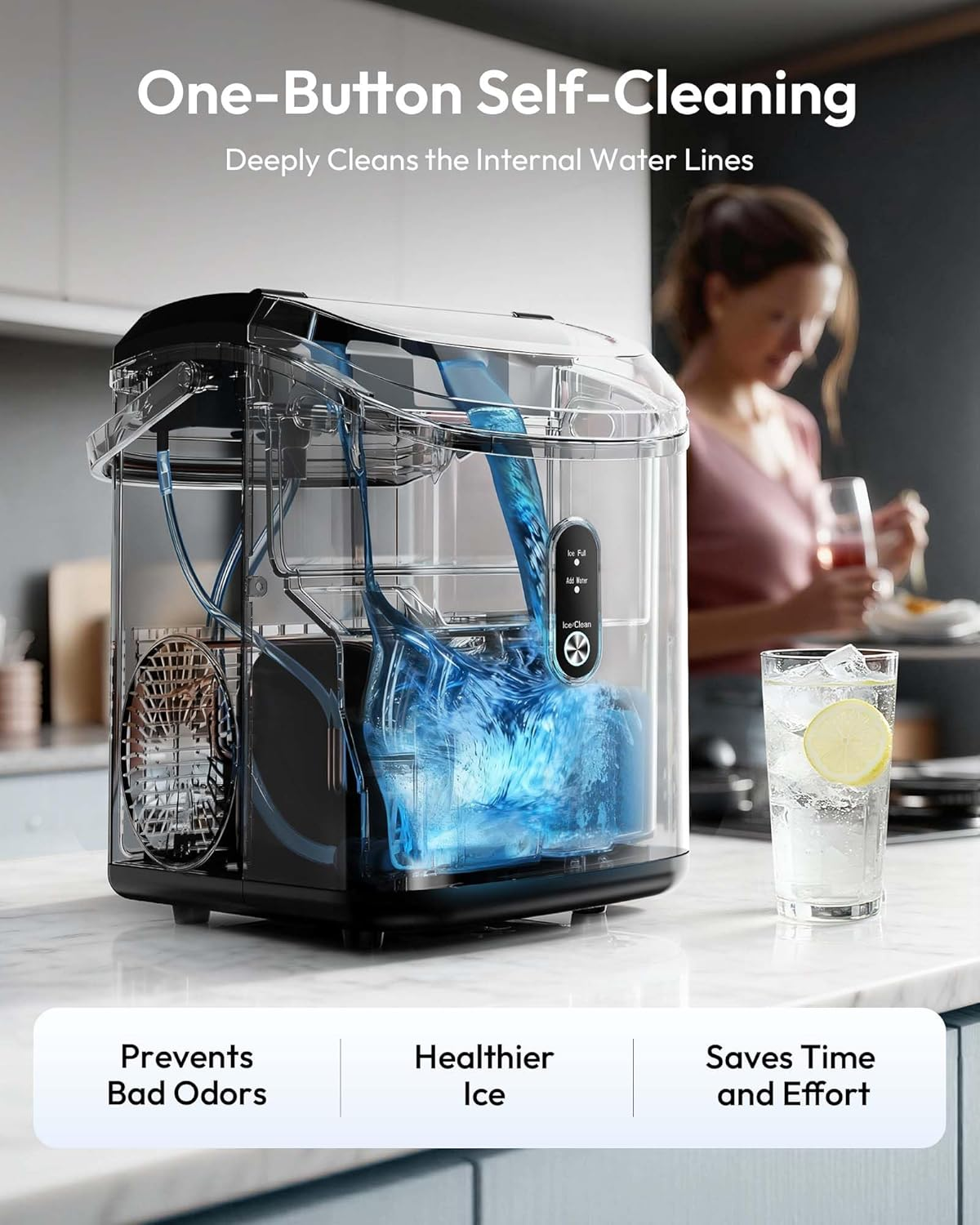 Countertop Nugget Ice Maker with Handle, Ready in 6 Mins, 34lbs/Day Pebble Ice Machine, Self-Cleaning, Portable Chewable Ice Maker for Home RV Party Camping