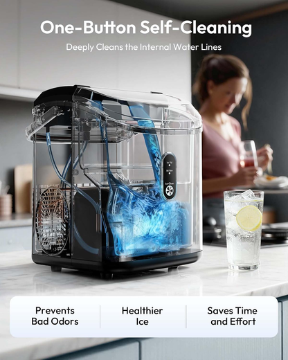 Countertop Nugget Ice Maker with Handle, Ready in 6 Mins, 34lbs/Day Pebble Ice Machine, Self-Cleaning, Portable Chewable Ice Maker for Home RV Party Camping