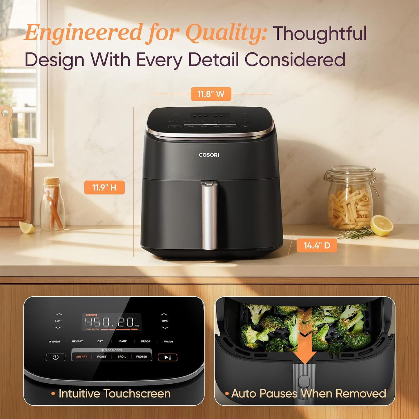 6 Qt Turbo Air Fryer, 9-in-1 Electric Air Fryer with PFAS-Free Ceramic Coating, Precise Heating, Air Fry, Roast, Bake, Broil, Dry, Reheat & Keep Warm