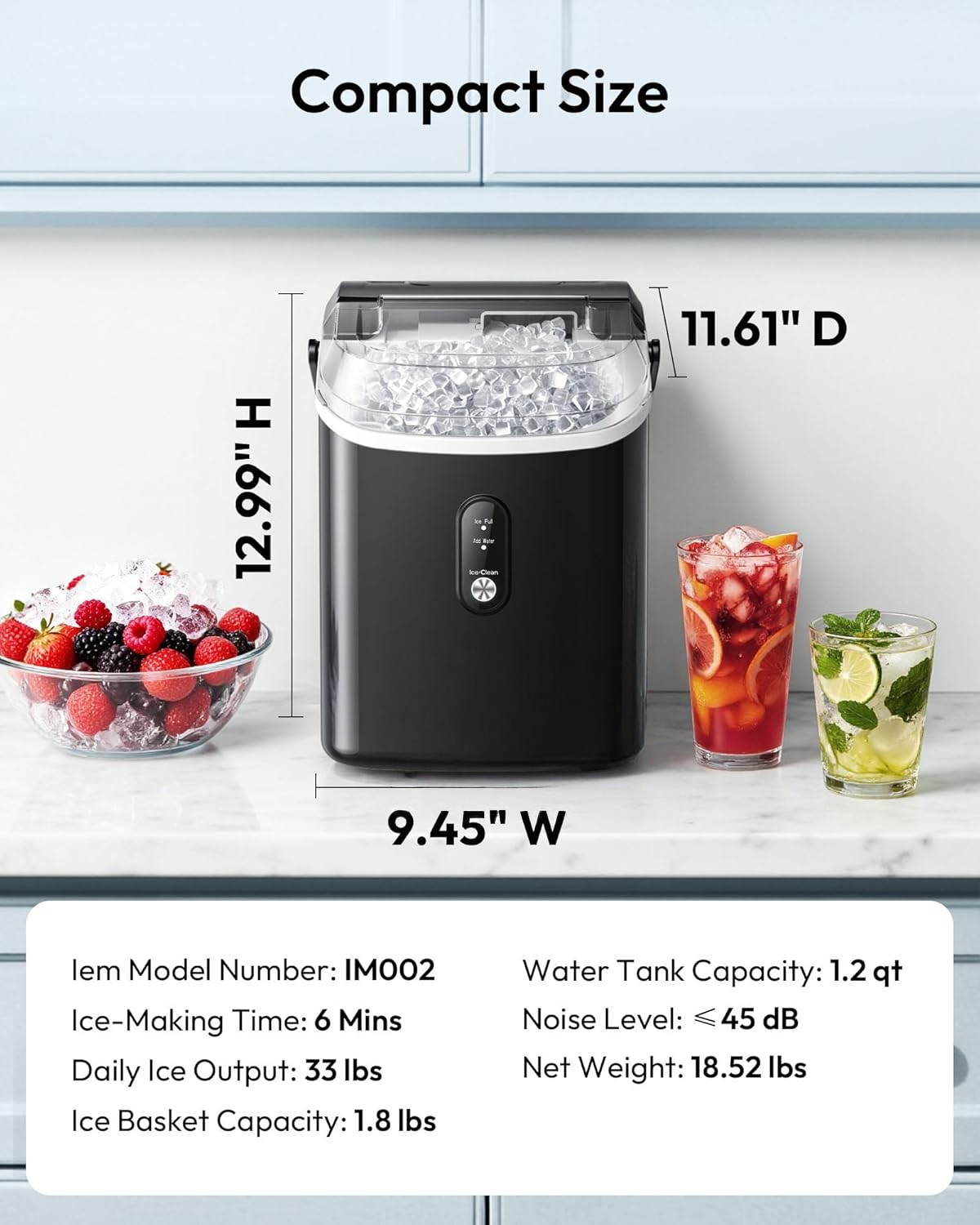 Countertop Nugget Ice Maker with Handle, Ready in 6 Mins, 34lbs/Day Pebble Ice Machine, Self-Cleaning, Portable Chewable Ice Maker for Home RV Party Camping