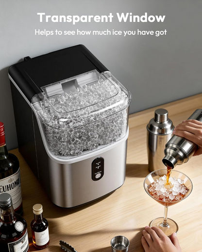 Countertop Nugget Ice Maker Machine, Ready in 7 Mins, 35lbs/24H Pebble Ice Maker with Self-Cleaning, Stainless Steel, Ice Basket & Scoop for Home Kitchen Office